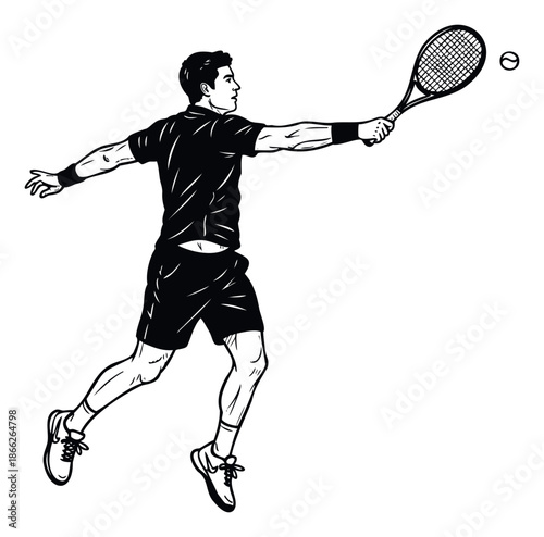 A male tennis player in midair performing a powerful forehand shot during a match, ideal for sports posters, fitness promotions, or active lifestyle branding.