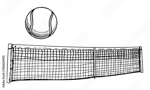 Hand drawn tennis ball and net, perfect for sports related advertising, game design, athletic event promotions, and recreational activity presentations.