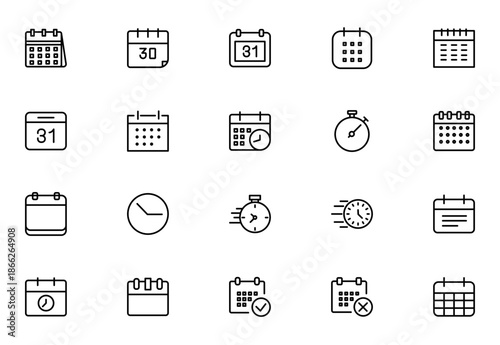 Calendar and Time Icon Set. Flat Vector Calendar Symbols and Clocks. Thin outline icons pack. Vector illustration