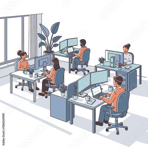 A peaceful, flat 2D graphic illustration of a modern open plan office environment where employees are focused on working independently at stylish ergonomic desks under natural light