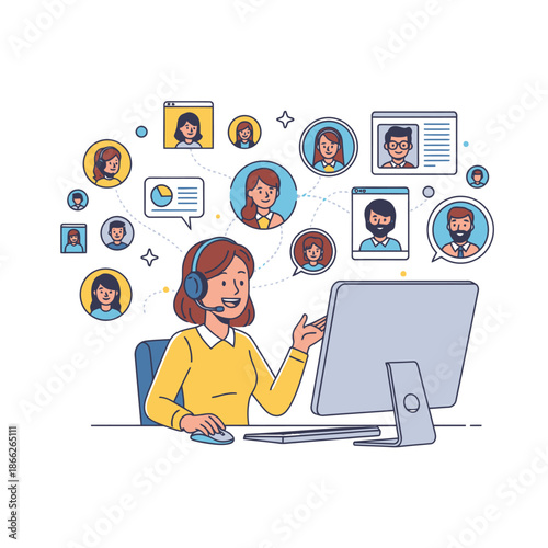 Cheerful female employee manages a successful motion conference meeting, conducting seamless virtual collaboration from her vibrant 2D flat graphic home office setup