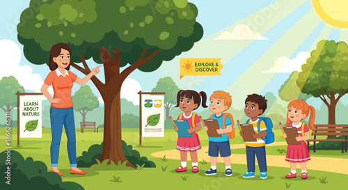 Educational nature walk with teacher and students learning about leaves.