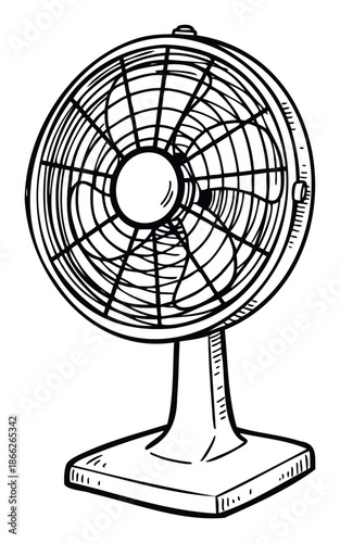 Classic electric desk fan sketch in black and white depicting a cooling appliance, suitable for summer marketing, graphic resources, or educational materials about vintage technology