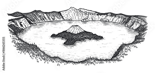 Dramatic volcanic lake landscape with a cone shaped island surrounded by rugged mountains in a classic woodcut style perfect for outdoor adventure and nature themed publishing projects