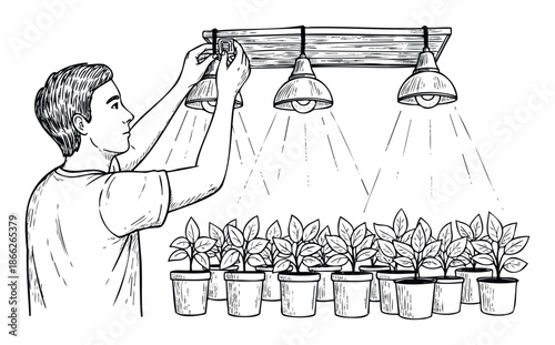 A man is adjusting the height of indoor grow lights hanging from a wooden beam over a row of potted plants, ideal for depicting urban farming and home cultivation projects.