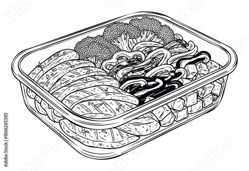 Meal prep lunch container featuring grilled chicken breast slices, fresh broccoli florets, hearty noodles, and potato cubes, perfect for healthy eating, diet plans, and onthego nutrition.