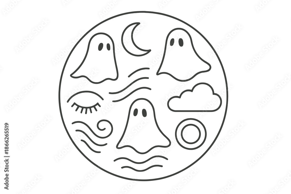 Obraz premium Ghostly Sleep Icons. Line style vector icons of Ghosts of Sleep: floating silhouettes, drifting moons, curved waves, fading eyes,