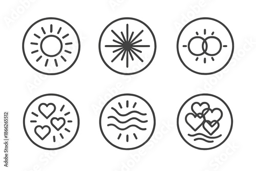 Luminous Bond Icons. Line style vector icons of Luminous Bonds: circular light, radiant threads, twin circles, glowing rhythm,