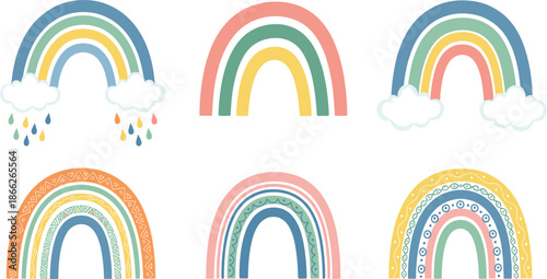 Boho rainbow collection featuring flat vector designs of pastel rainbows with clouds raindrops and ethnic patterns for nursery decor and children design.