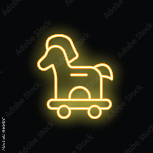 Neon icon of trojan horse on wheels glowing yellow against a black background