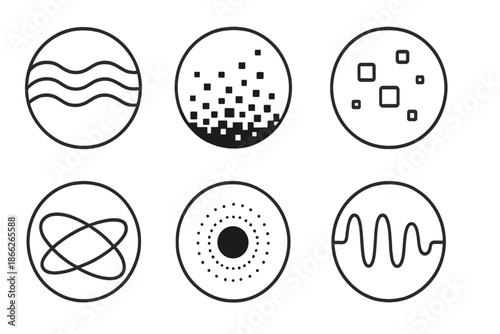 Digital Wave Fragments. Line style vector icons of Pixel Echoes: wave fragments, digital dust, floating squares, curved orbits,