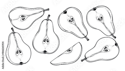 Various fresh pear fruits and sliced pear halves are ideal for showcasing healthy eating, organic produce, farm market promotions, dessert recipes, or natural food packaging.