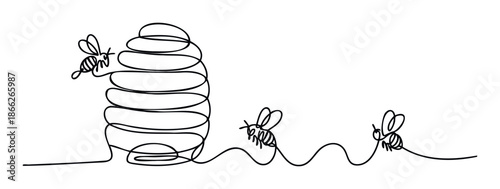 Continuous single line drawing illustrating a beehive and busy bees flying along a winding path, ideal for naturethemed projects and minimalist graphic applications.