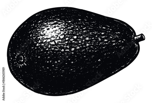 Black and white graphic print of a whole ripe avocado, perfect for healthy eating blogs, organic food packaging, or vegan lifestyle menus and promotions.