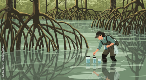 Scientist collecting water samples in mangrove forest for research.