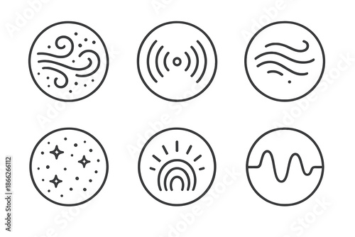 Sonic Vapor Icons. Line style vector icons of Sonic Vapor: curved lines, sound waves, glowing particles, flowing air, radiant arcs