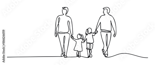 One line minimalist drawing depicting a family of four, two adults and two children, walking together hand in hand, ideal for themes of parenting, childhood, and secure relationships.