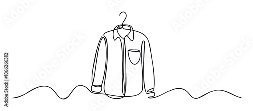 Simple one line drawing of a button up shirt with a pocket hanging on a clothes hanger, useful for textile industry branding, laundry service promotion, or fashion marketing materials.