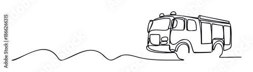 Dynamic single continuous line drawing depicting a fire truck responding to an incident, ideal for graphic projects, educational resources, and emergency service presentations.