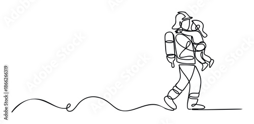 Single continuous line drawing illustrating a heroic firefighter holding a child, symbolizing rescue and safety, suitable for emergency service promotions or minimalist graphic projects.
