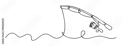 Continuous line drawing portraying a fishing rod and reel with the flowing line suggesting water movement, ideal for promotional materials and sport fishing enthusiasts.