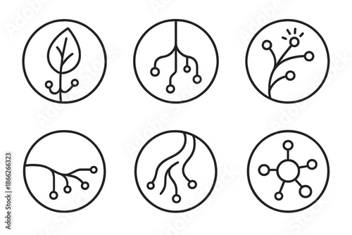 Nature-Inspired Circuitry. Line style round vector icons of Natural Circuits: leaf circuit, rooted wire, glowing branch, organic