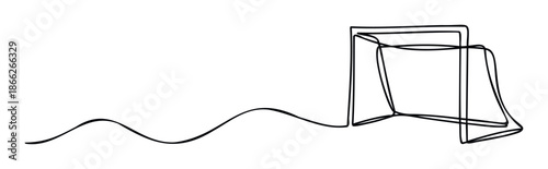 Minimalist black line drawing depicting a dynamic wavy path leading to a soccer goal outline, perfect for sports event graphics and digital media presentations