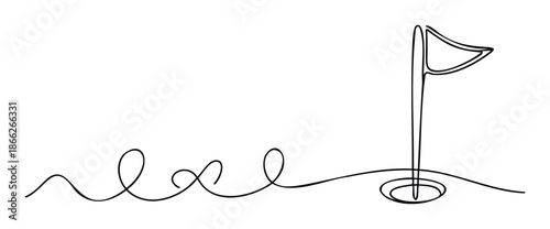 A continuous single line drawing illustrating a golf flag and hole with a winding path leading to the target, ideal for sports promotions, business goals, or motivational themes.