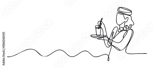 Minimalist one line drawing of a dedicated server holding a tray with a refreshing drink, perfect for hospitality branding, restaurant menus, or service industry promotion.
