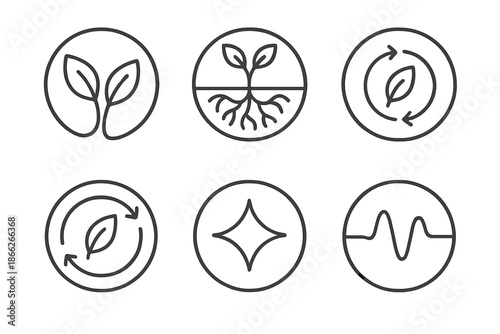 Symbiotic Energy Icons. Line style round vector icons of Symbiotic Energy: dual leaf, connected roots, circular growth, bio loop,