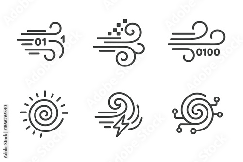 Synthetic Wind Icons. Line style round vector icons of Synthetic Wind: digital breeze, pixel swirl, coded gust, luminous airflow,