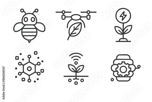 Techno Ecology Icons. Line style round vector icons of Techno Ecology: robotic bee, drone leaf, electric flower, mechanical hive,
