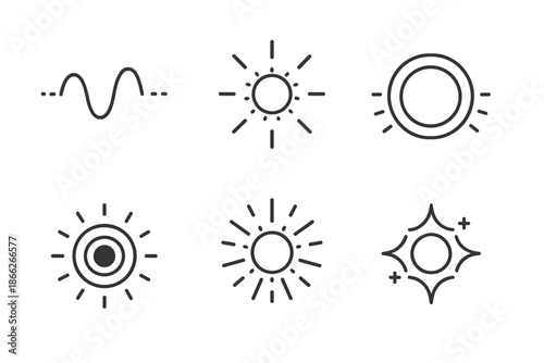 Solar Frequency Icons. Line style round vector icons of Solar Frequency: radiant wave, glowing sun, energy ring, pulsing light,