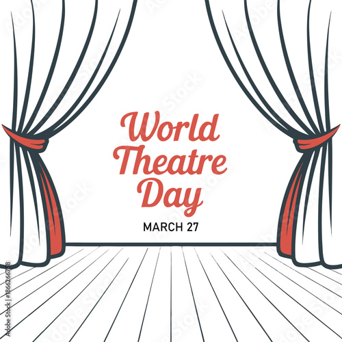 World theatre day vector greeting card with curtains and scene