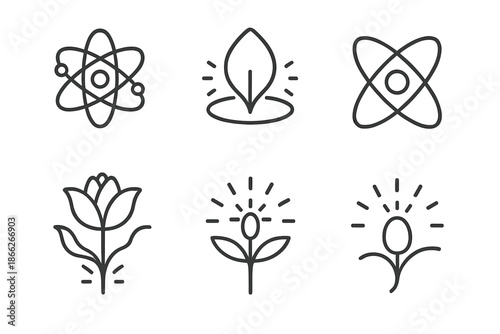 Quantum Bloom Icons. Line style round vector icons of Quantum Bloom: particle flower, glowing petal, atomic ring, radiant stem,