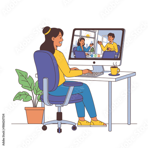 Young woman happily participates in a cheerful motion conference call from her ergonomic home office setup, seamlessly connecting with corporate colleagues in this vibrant flat 2D graphic illustration