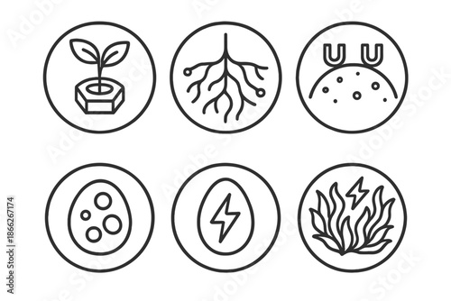 Synthetic Earth Icons. Line style round vector icons of Synthetic Earth: metallic sprout, neon root, magnetic soil, glowing pebble