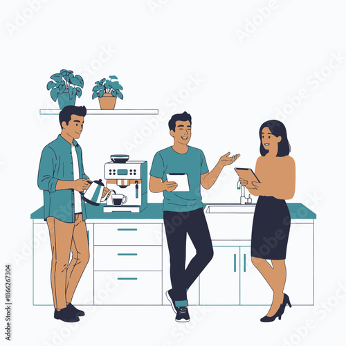 Happy young professionals taking a casual coffee break in a modern office kitchenette, informally discussing a project in a bright 2D flat graphic illustration