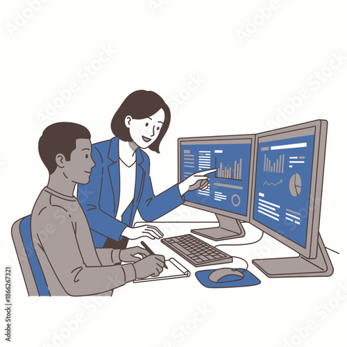 Knowledge transfer and professional development between an experienced female mentor and a new male employee at a spacious dual monitor workstation, rendered in a 2D flat graphic illustration