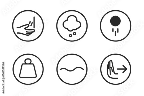 Abandoned Force Icons. Line style round vector icons of Abandoned Force: silent pull, fading mass, invisible fall, empty weight,