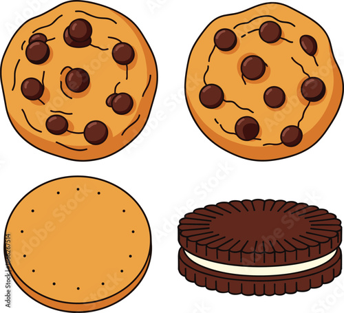Cartoon cookie biscuit vector icon set, chocolate chip and sandwich cookies, flat sweet dessert illustration design for kids