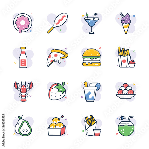 A visually appealing food and drinks icons set in flat outline style
