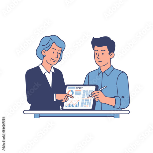 Senior female executive mentors a junior male employee, collaboratively reviewing a financial report on a tablet at a modern stand up desk in this vibrant 2D flat graphic illustration
