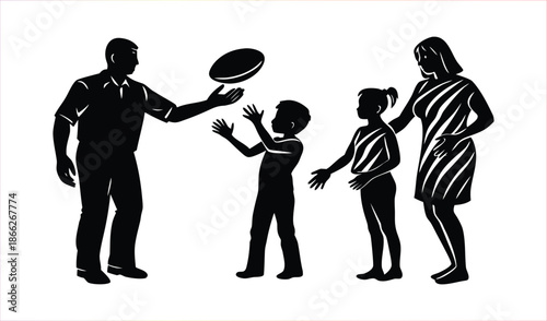 Silhouette of a family playing rugby ball outdoors, father tossing ball to son and daughter