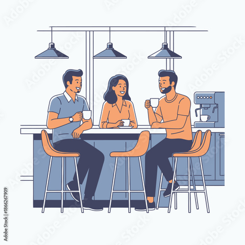 Three happy colleagues sharing coffee and laughing together during a relaxed break in a bright, modern office kitchen area, rendered as a vibrant 2D graphic illustration