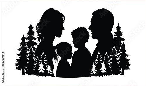 Silhouette family of four with children and pine trees in a beautiful nature forest landscape