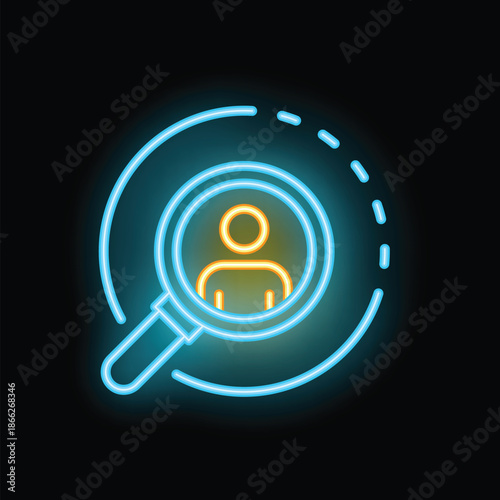 Neon icon of a magnifying glass searching for a person, representing concepts like recruitment and headhunting