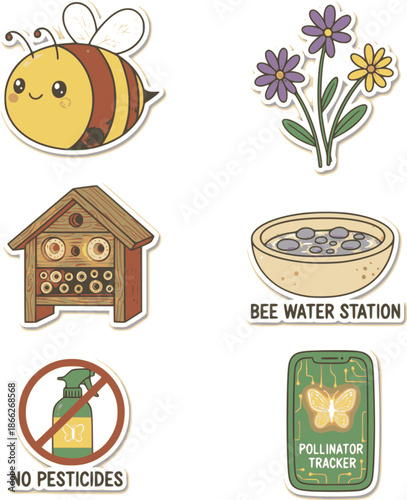 Professional pollinator and bee-tech icons. Flat vector set featuring bees, wildflowers, and nesting boxes. High-quality yellow and violet graphics isolated on white background.