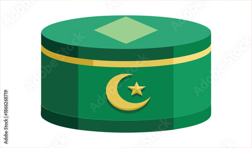 Green Islamic Kufi Cap with Crescent Moon and Star Emblem, Islamic Headwear, Prayer Hat