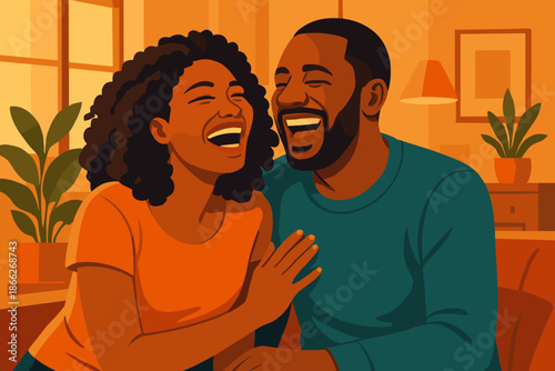 Laughing Couple in Harmony. Joyful couple laughing together in a warmly lit modern interior, vibrant natural tones capturing a